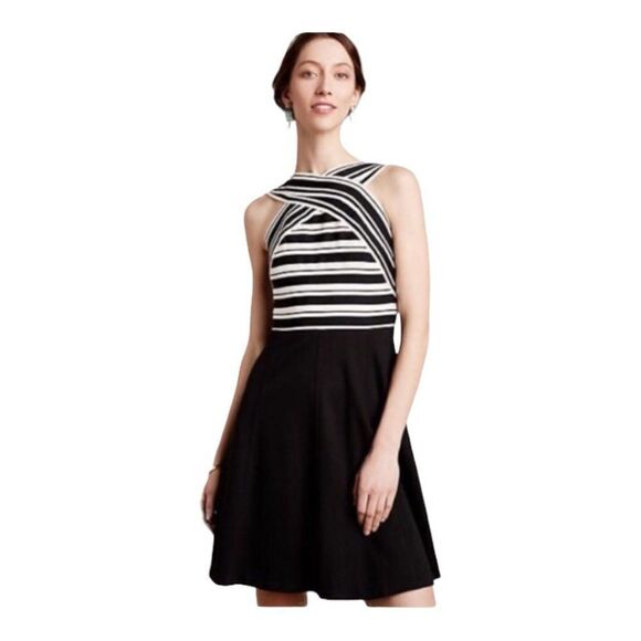 Anthropologie Maeve Black White Crosswise Fit Flare Bandage Dress US 0 - Picture 1 of 8